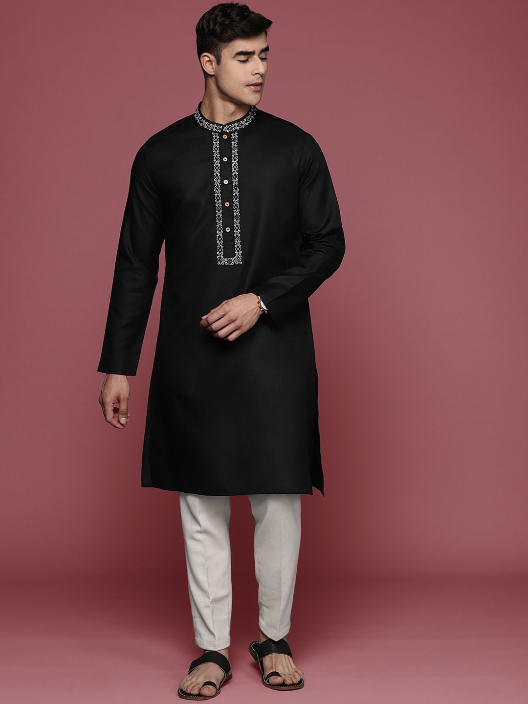 

Inddus Mandarin Collar Embroidered Yoke Design Thread Work Straight Kurta, Black