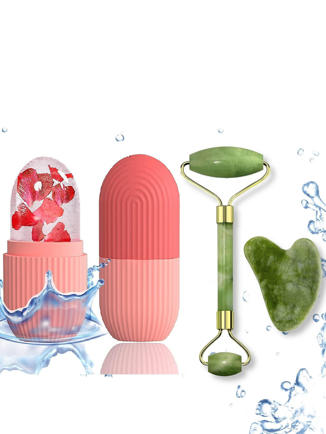 

Adbeni Set Of 3 Jade Roller & Gua Sha Stone With Ice Roller Facial Tool kit, Green