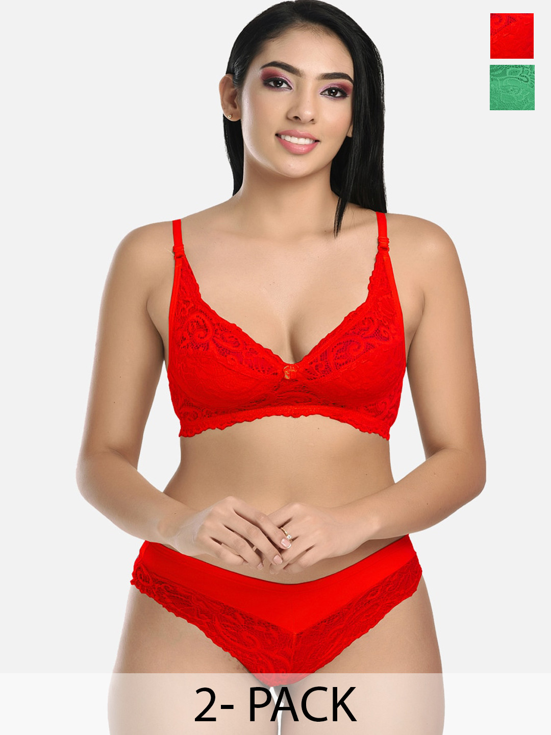 

StyFun Pack Of 2 Self Design Lingerie Set VM_Set_Blumer_Red_Rimjhim_Green_B