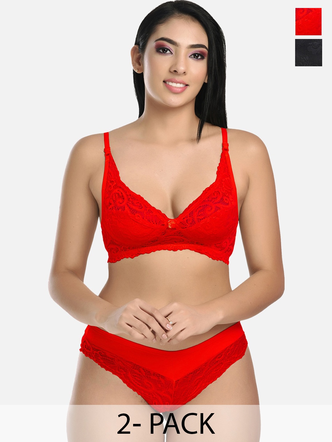 

StyFun Pack Of 2 Self Design Lingerie Set VM_Set_Blumer_Red_Rimjhim_Black_B