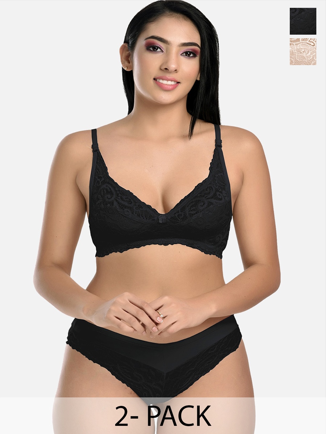 

StyFun Pack Of 2 Self Design Lingerie Set, Black