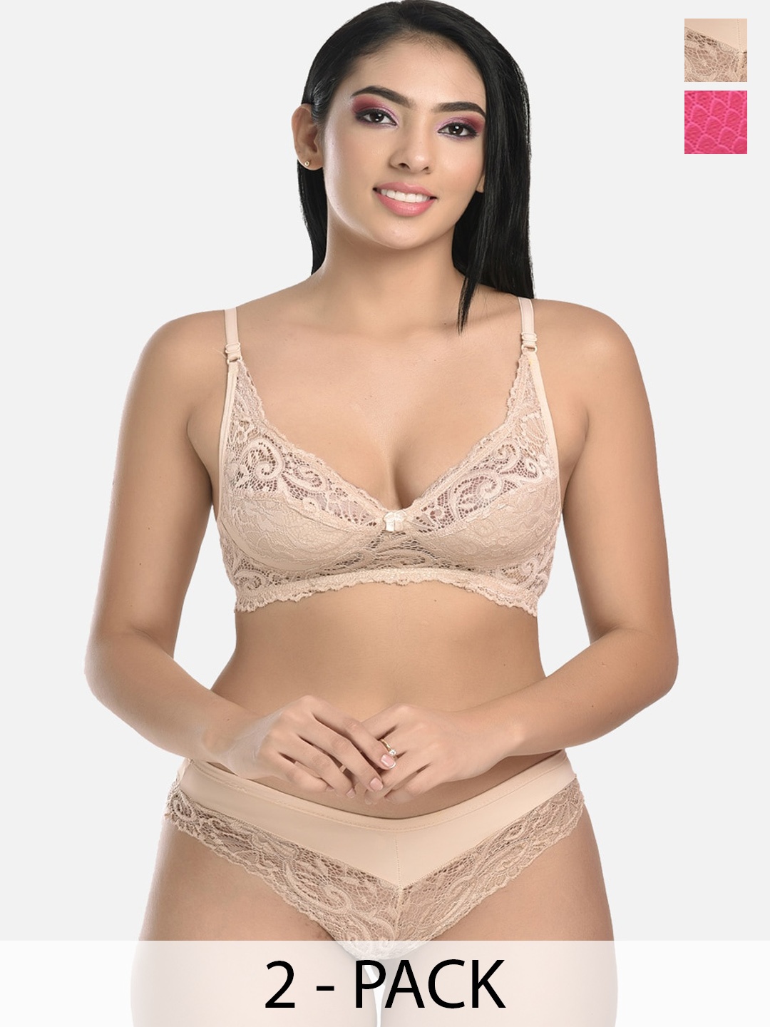 

StyFun Pack Of 2 Self Design Lingerie Set VM_Set_Blumer_Beige_Rimjhim_Pink_B