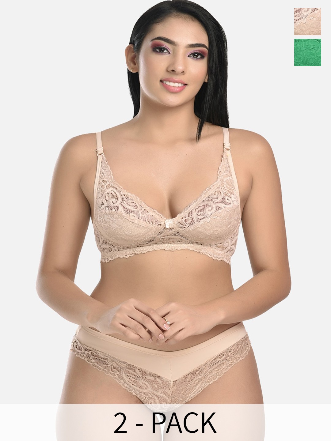 

StyFun Pack Of 2 Self Design Lingerie Set VM_Set_Blumer_Beige_Rimjhim_Green_B