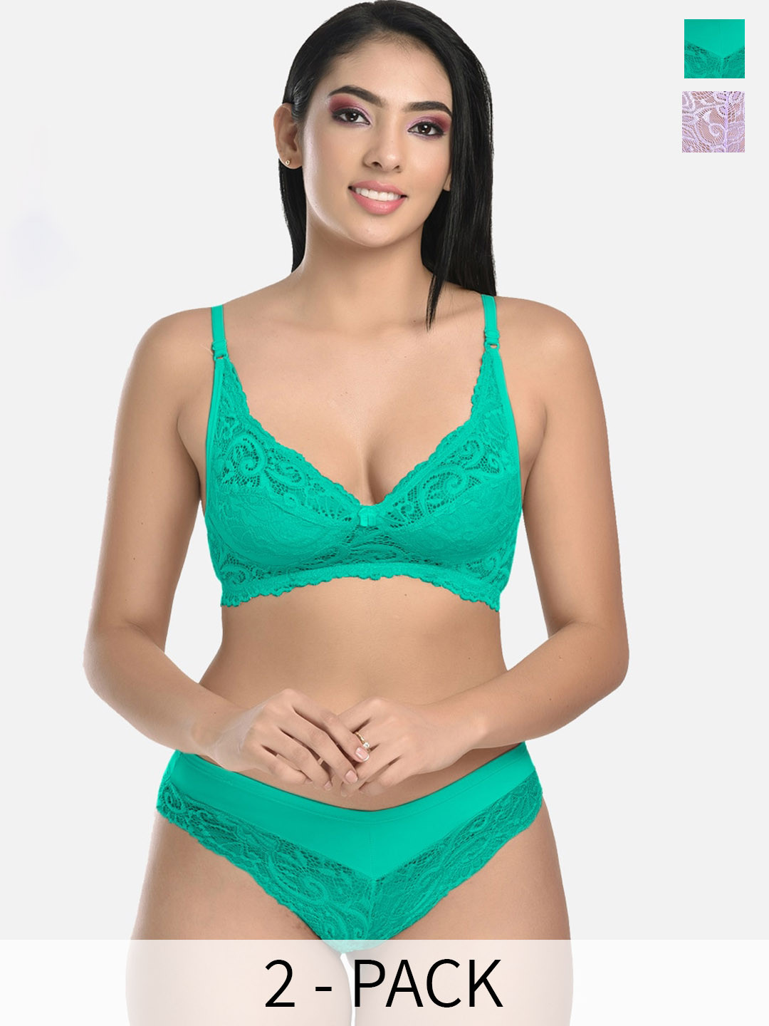

StyFun Pack Of 2 Self Design Non Padded Bra With Mid-Rise Briefs, Green