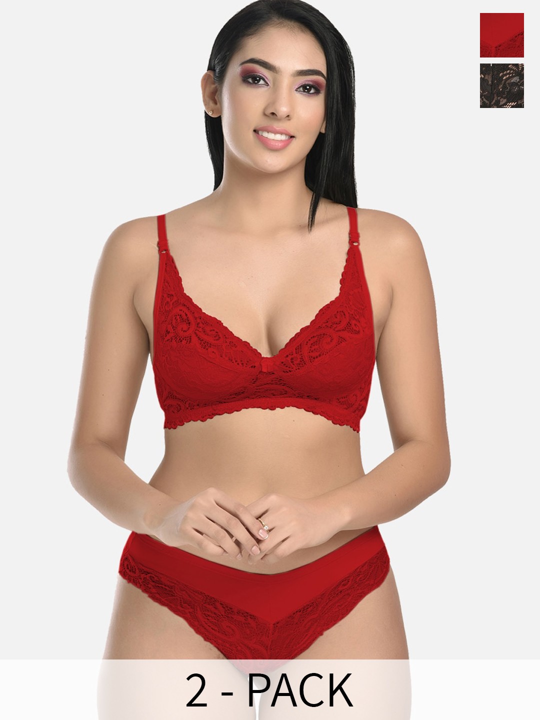 

StyFun Pack Of 2 Self Design Lingerie Set VM_Set_Blumer_Maroon_Rimjhim_Black_B