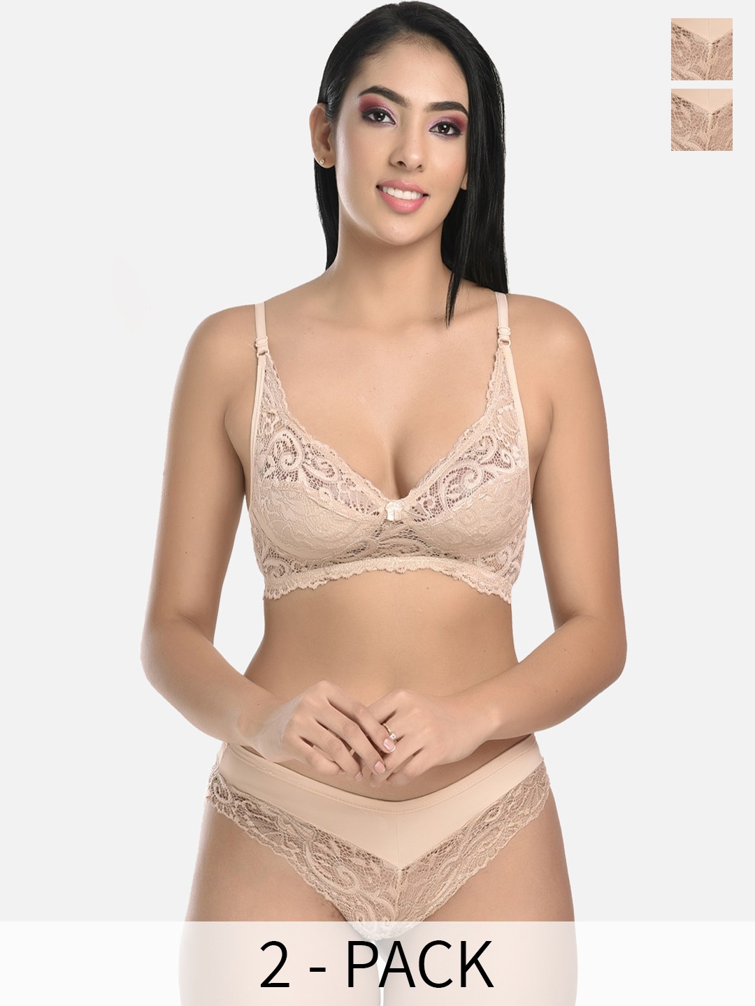 

StyFun Pack Of 2 Self Design Non Padded Lingerie Sets, Beige