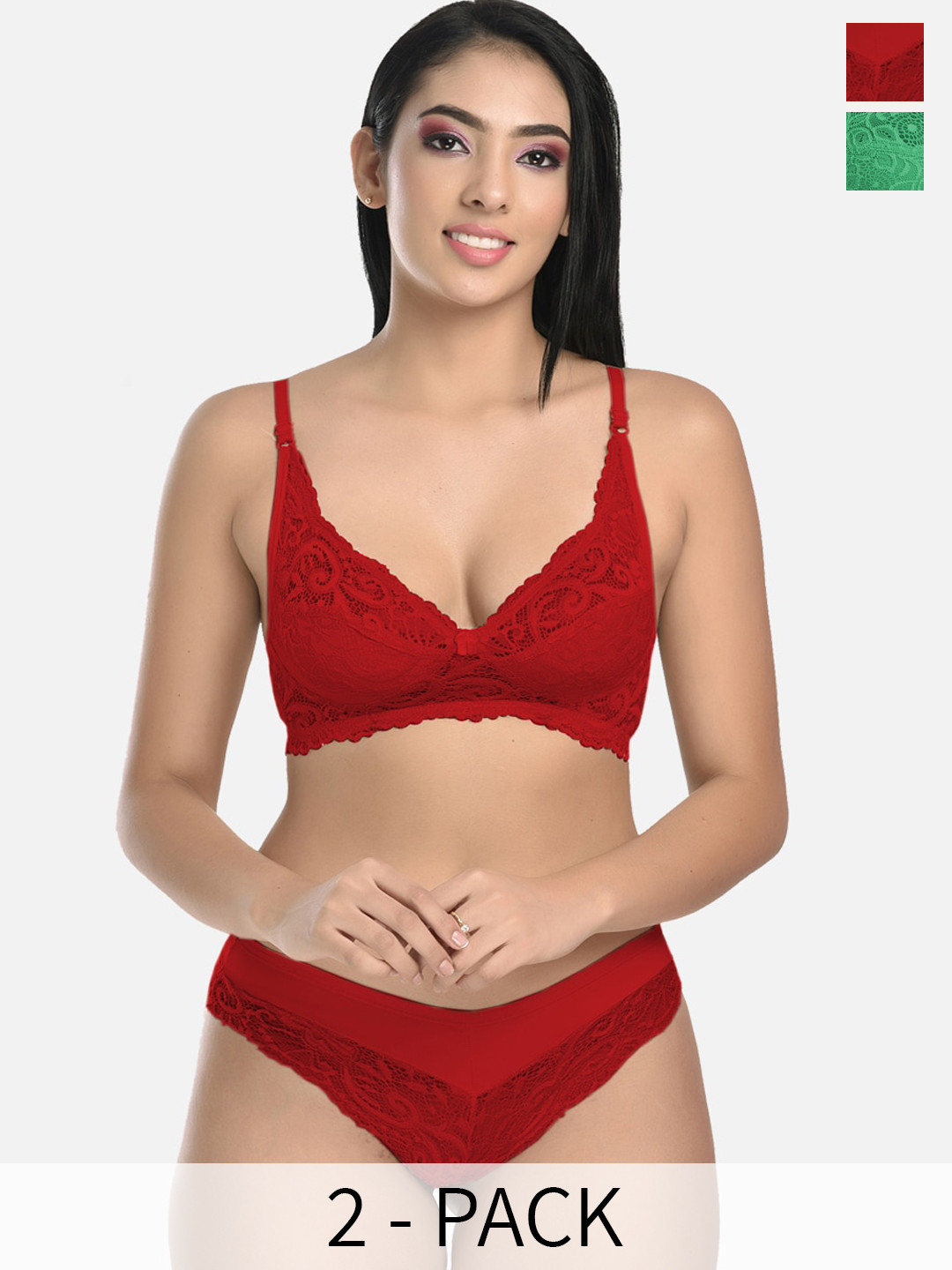 

StyFun Pack Of 2 Self Design Non Padded Bra With Mid-Rise Briefs, Maroon