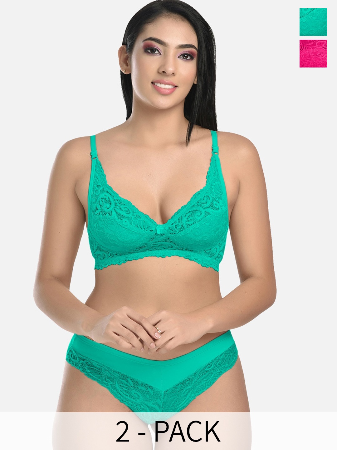 

StyFun Pack Of 2 Self Design Lingerie Set VM_Set_Blumer_Green_Rimjhim_Pink_B