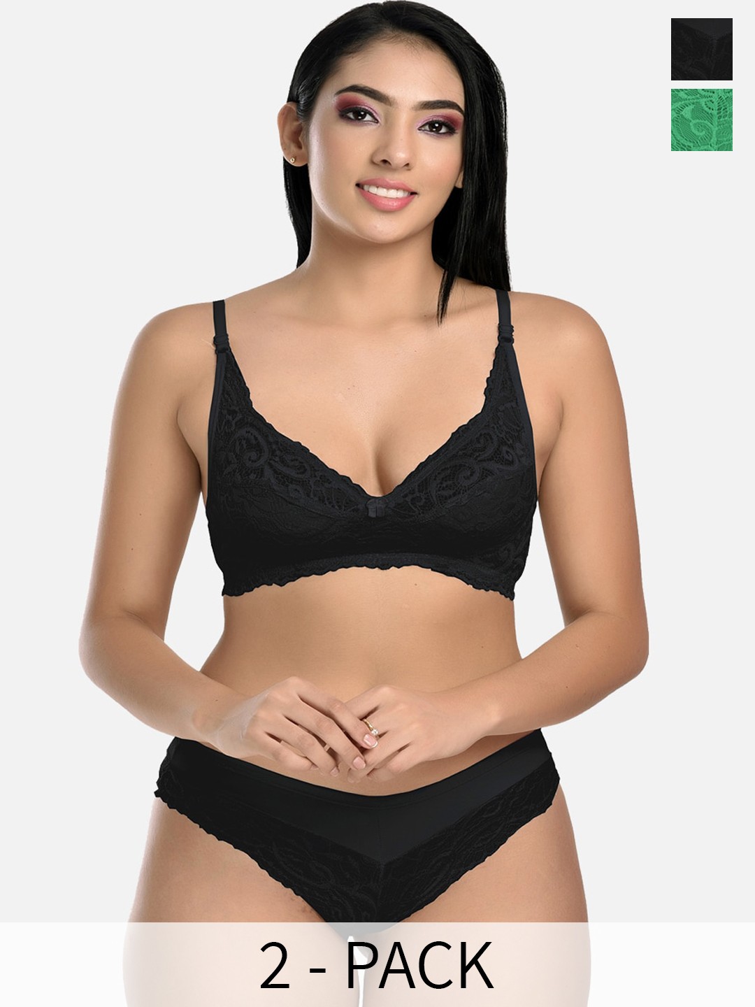 

StyFun Pack Of 2 Self Design Lingerie Set, Black