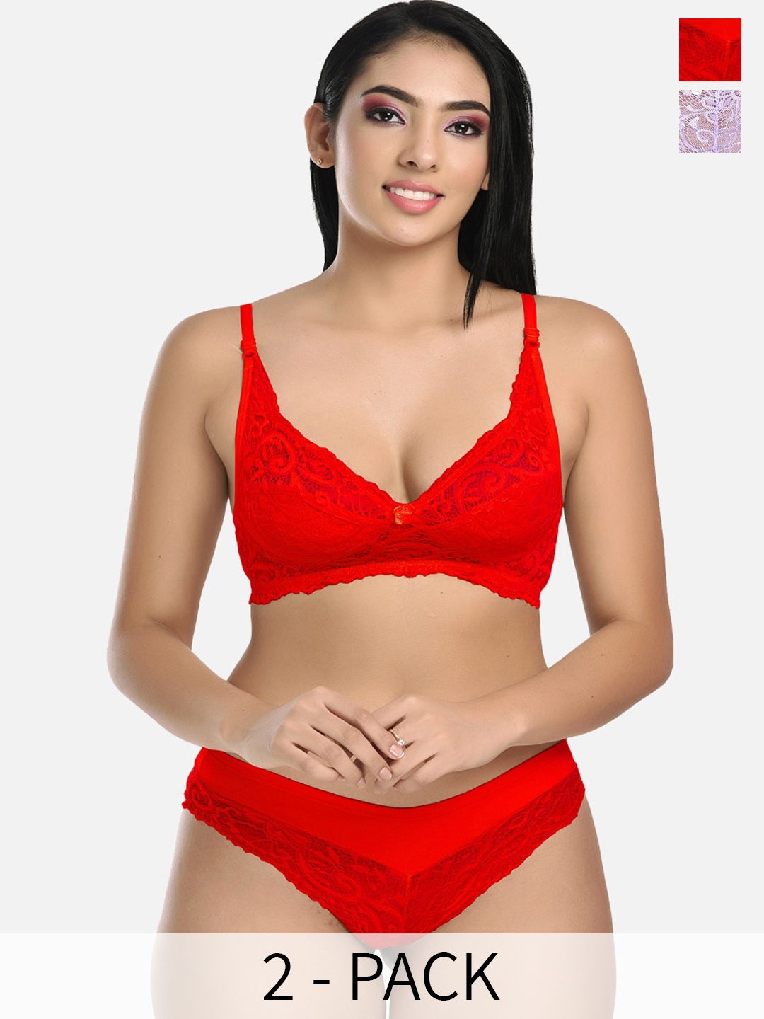 

StyFun Pack Of 2 Self Design Lingerie Set VM_Set_Blumer_Red_Rimjhim_Purple_B
