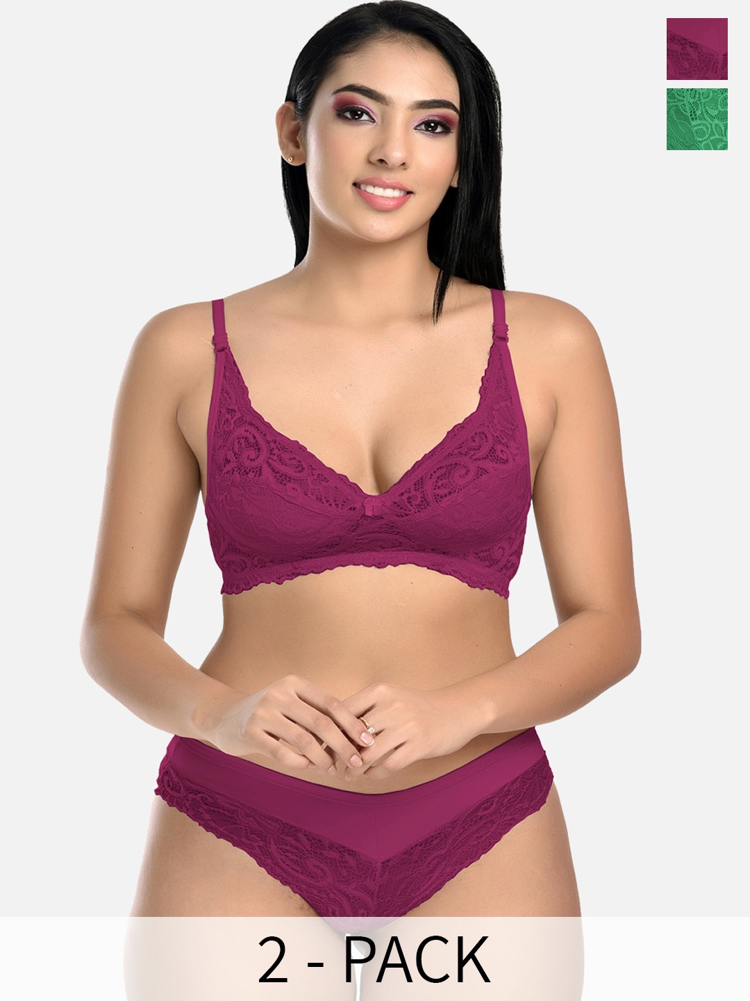 

StyFun Pack Of 2 Self Design Lingerie Set VM_Set_Blumer_Purple_Rimjhim_Green_B