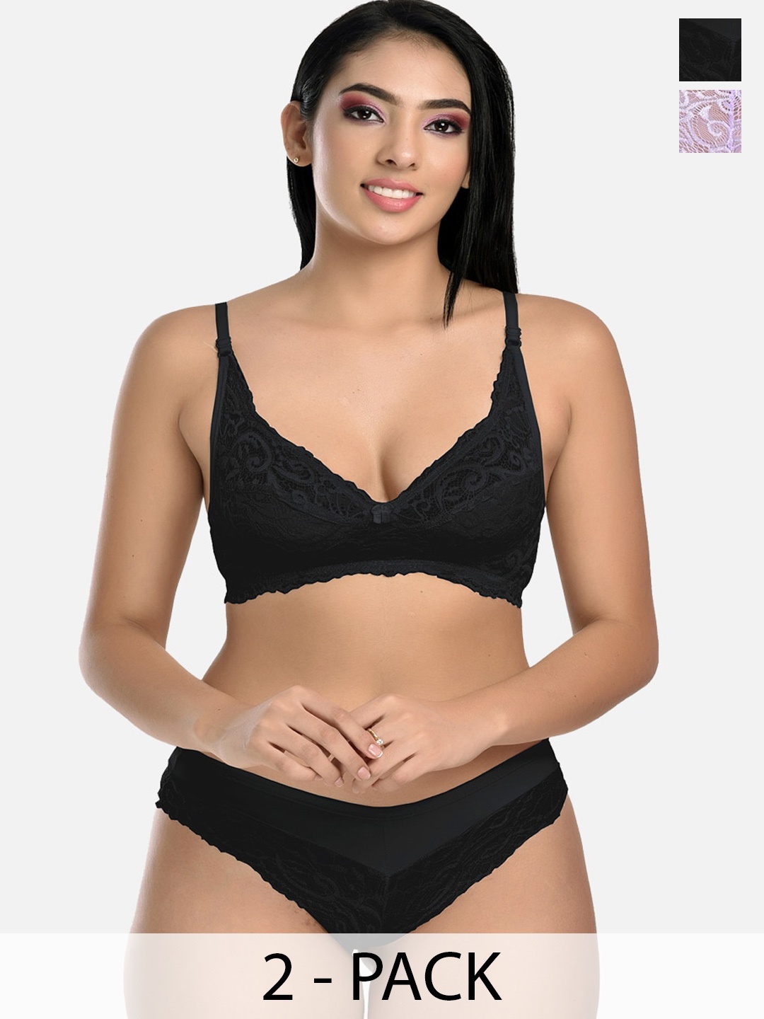 

StyFun Pack Of 2 Self Design Lingerie Set, Black
