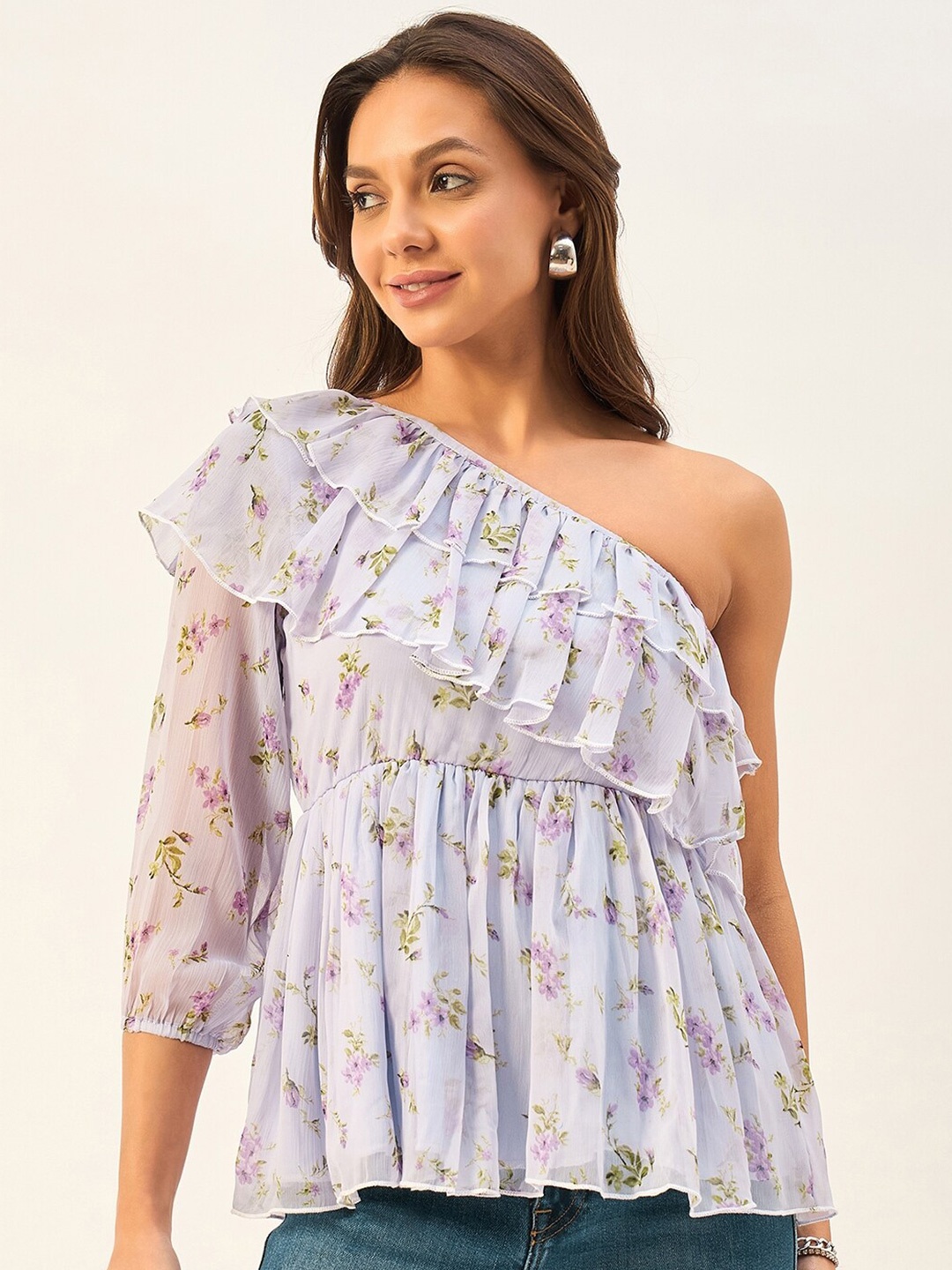 

DRAPE AND DAZZLE Floral Print One Shoulder A-Line Top, Purple