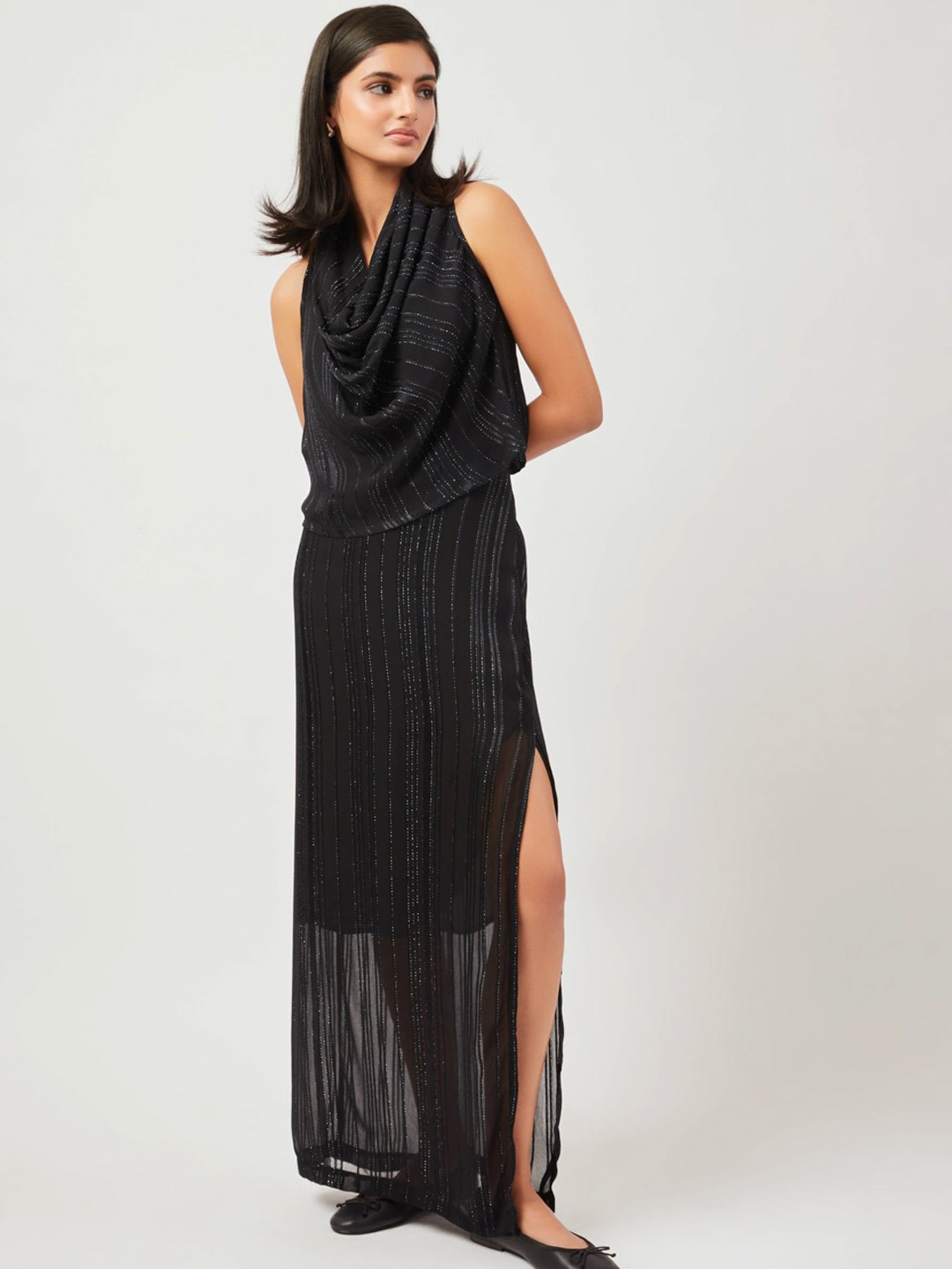 

Contemponari Sade Striped Side Slit Maxi Skirt, Black