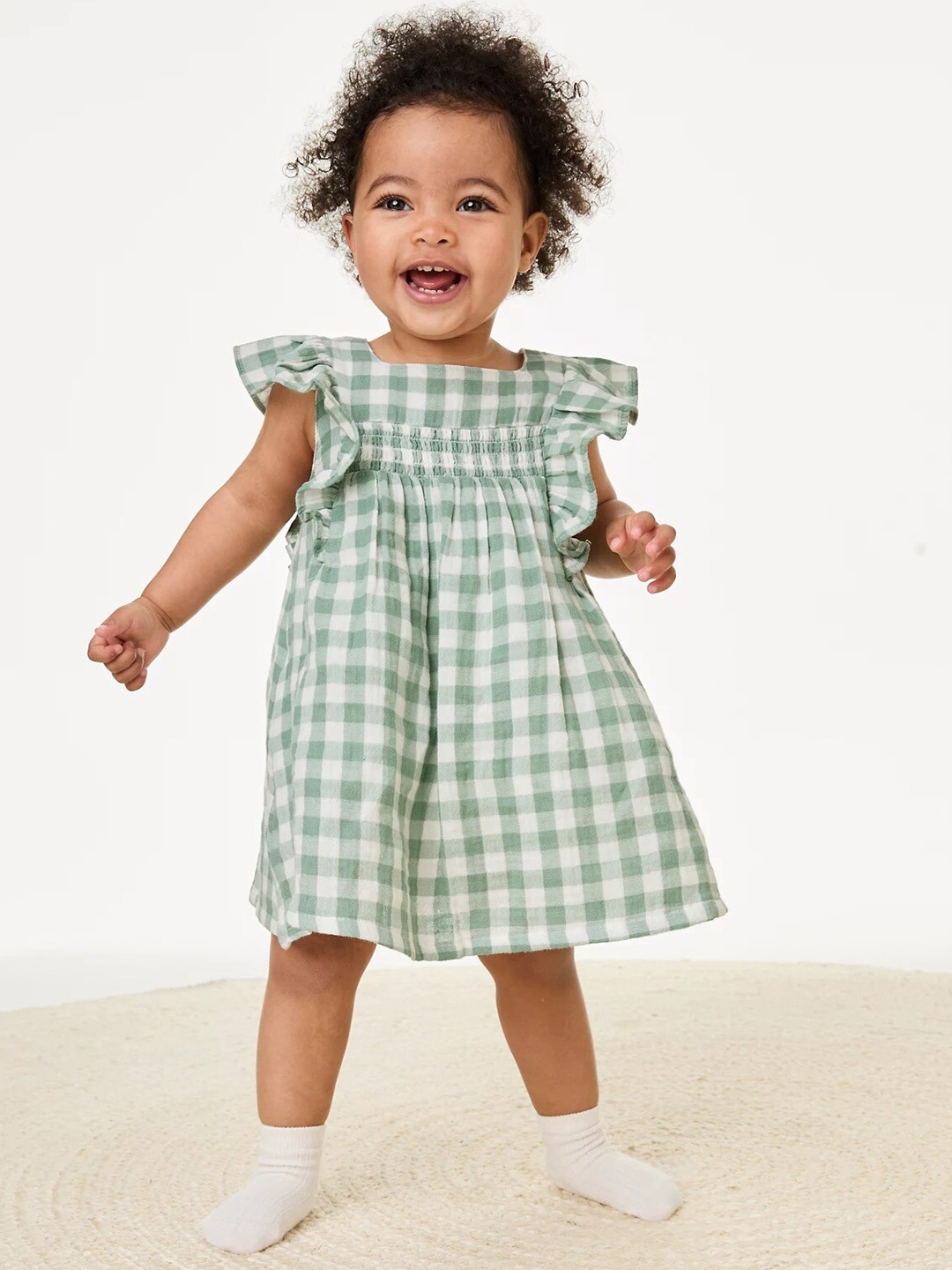 

Marks & Spencer Girls Gingham Checked Square Neck Smocked Ruffled Pure Cotton A-Line Dress, Green