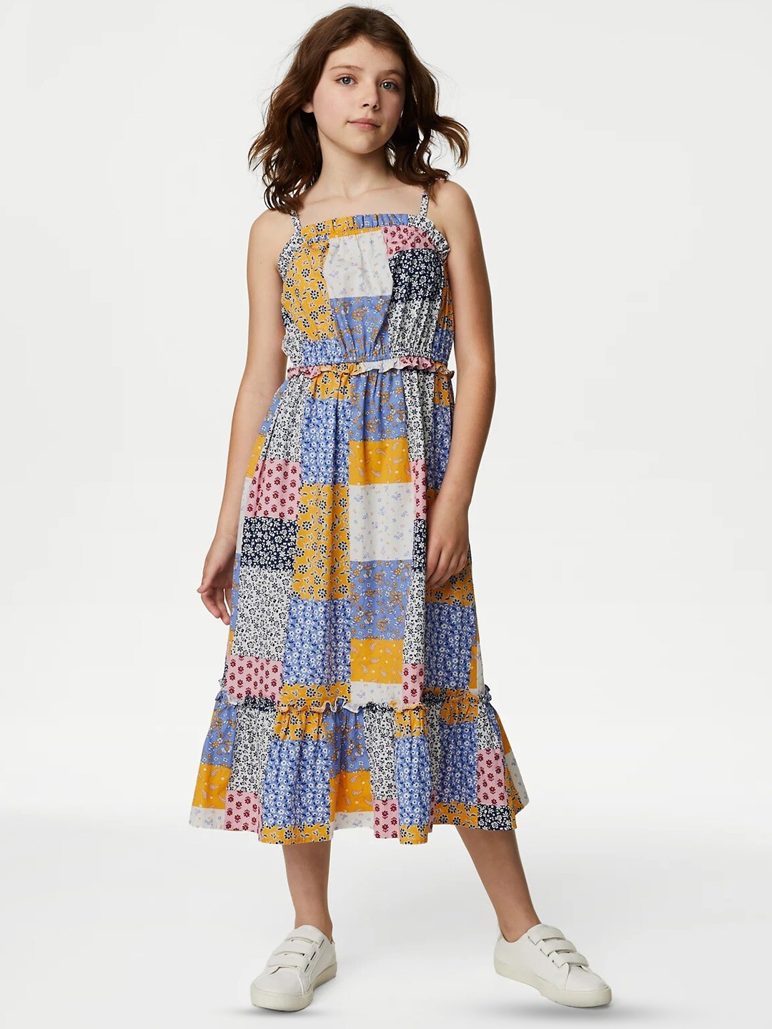 

Marks & Spencer Girls Floral Printed Shoulder Straps Tiered Pure Cotton Fit & Flare Dress, Blue