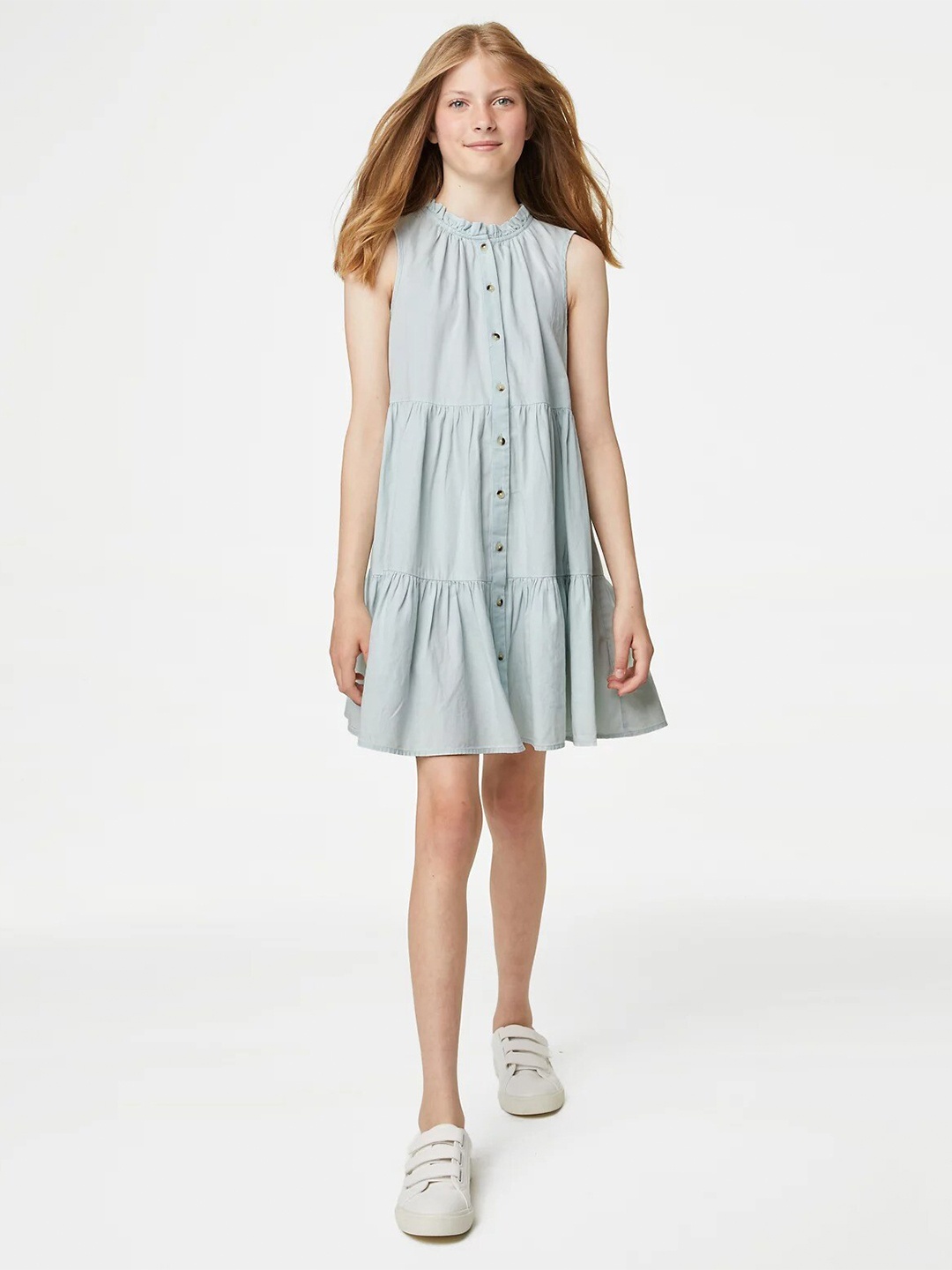 

Marks & Spencer Girls Round Neck Denim Tiered Pure Cotton A-Line Dress, Blue