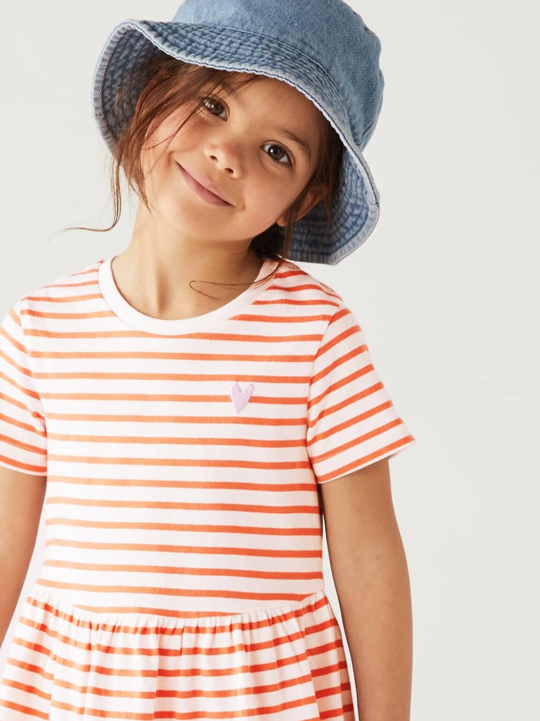 

Marks & Spencer Girls Striped Pure Cotton Drop-Waist Dress, Coral