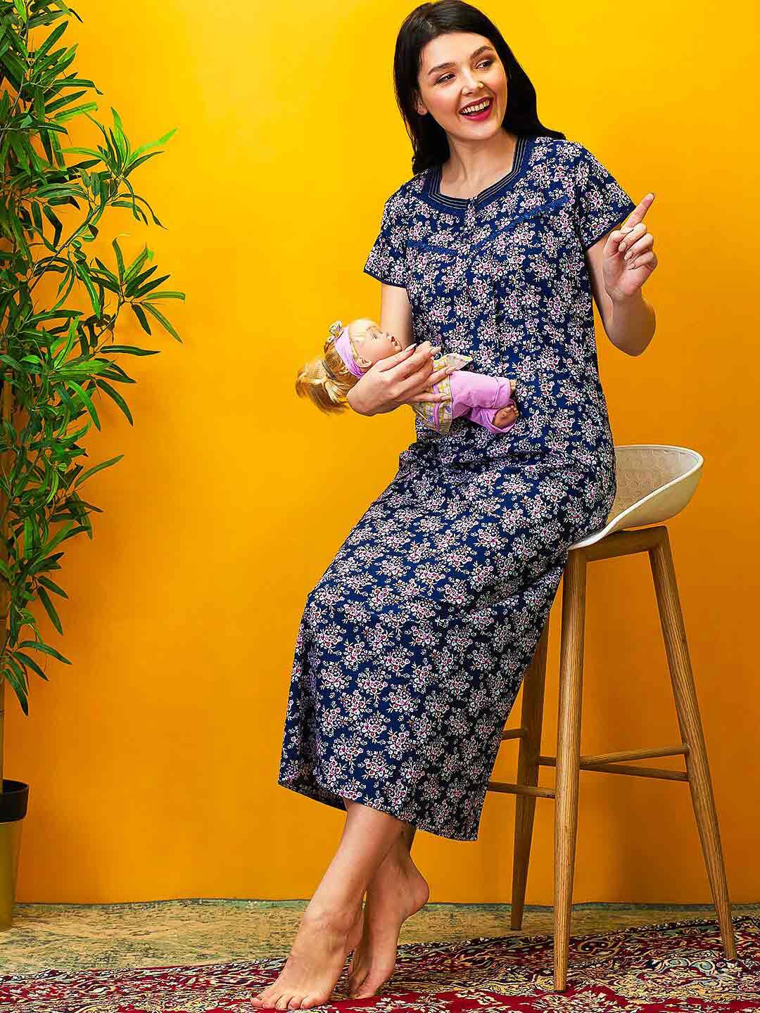 

AV2 Floral Printed Pure Cotton Maternity Maxi Nightdress, Blue