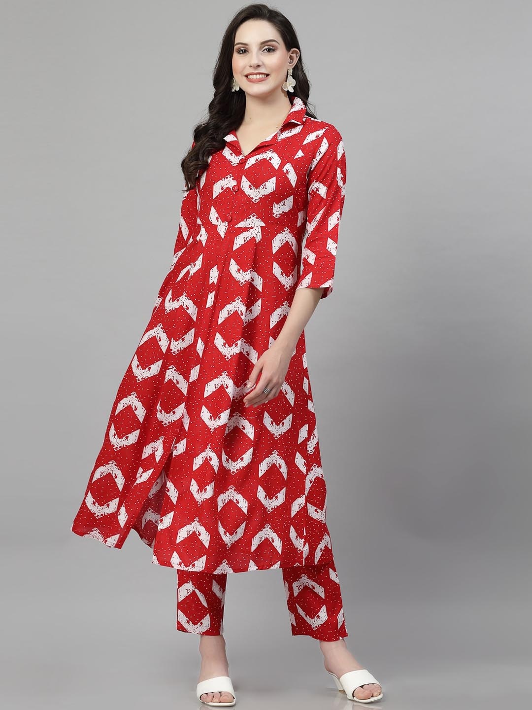 

KALINI Abstract Printed Regular Pure Cotton A Line Kurta With Trousers, Red