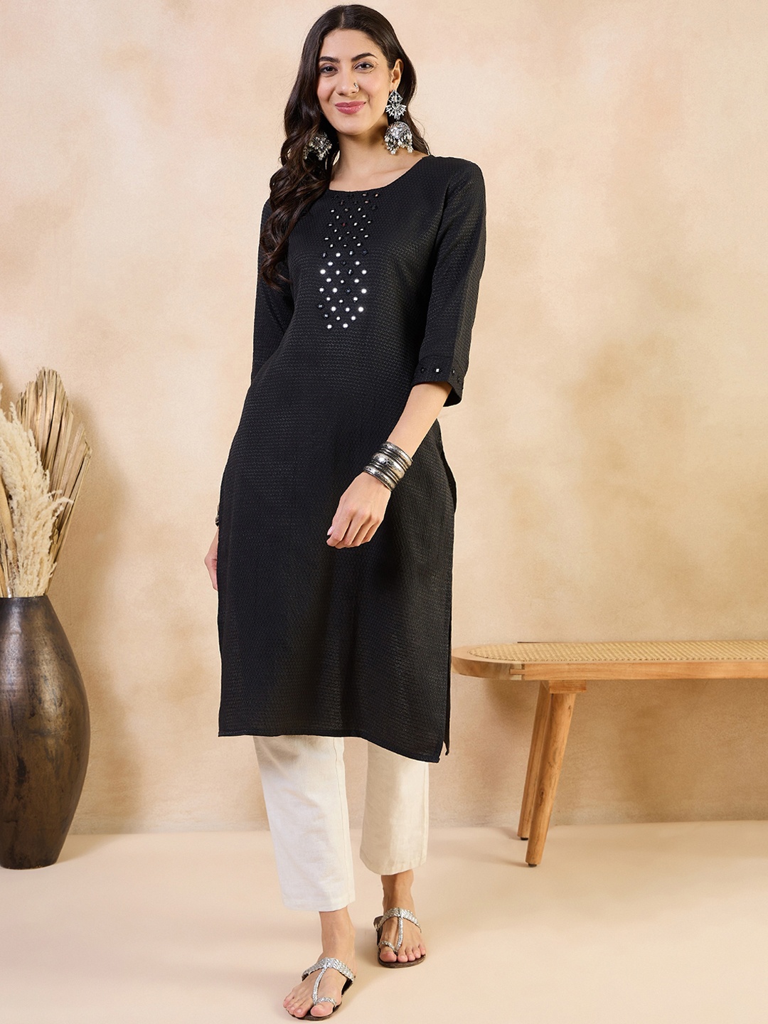 

Anouk Mirror Work Cotton A-Line Kurta, Black