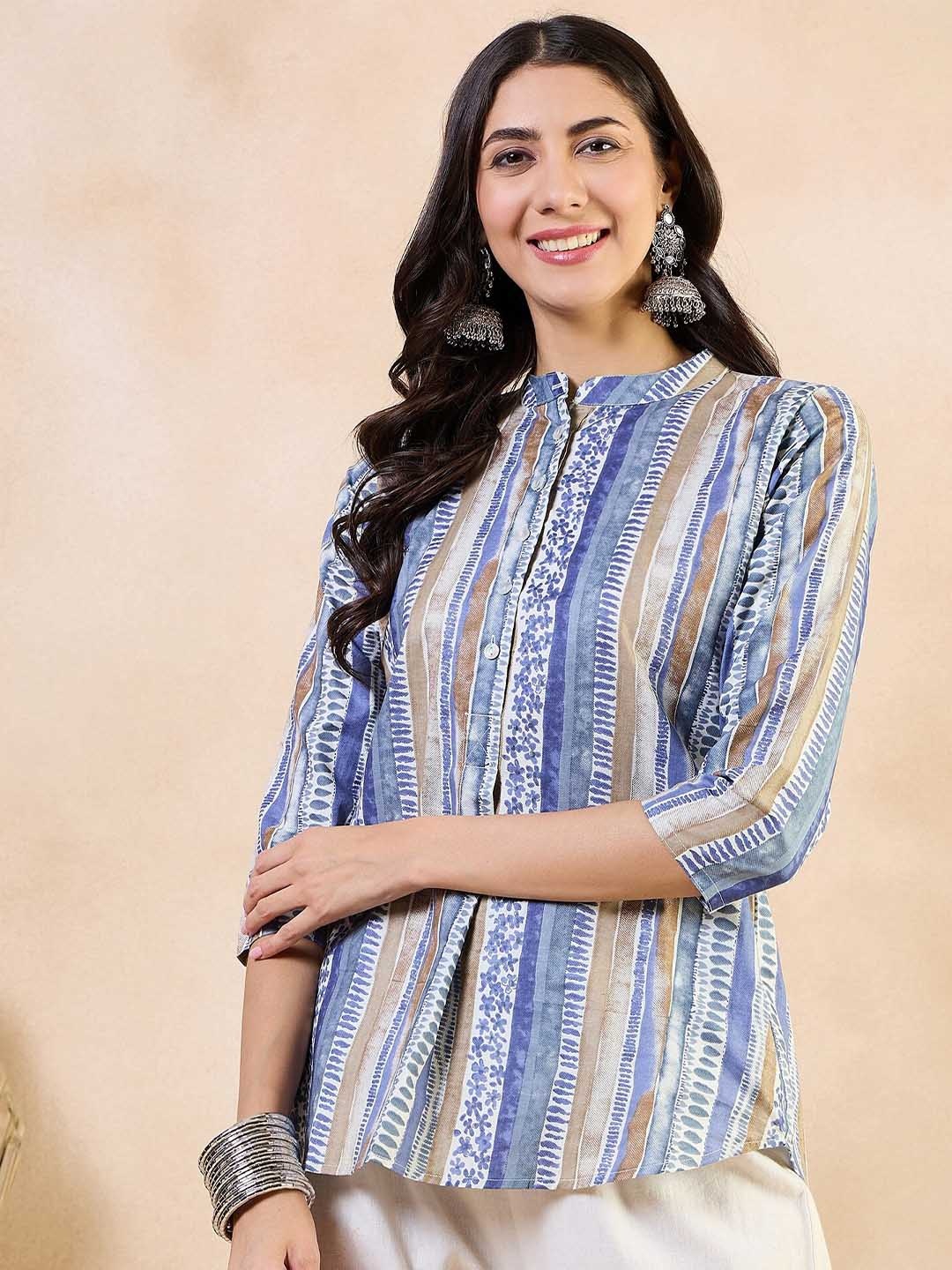 

Anouk Tribal Printed Pure Cotton Mandarin Collar Straight Short Kurti, Blue