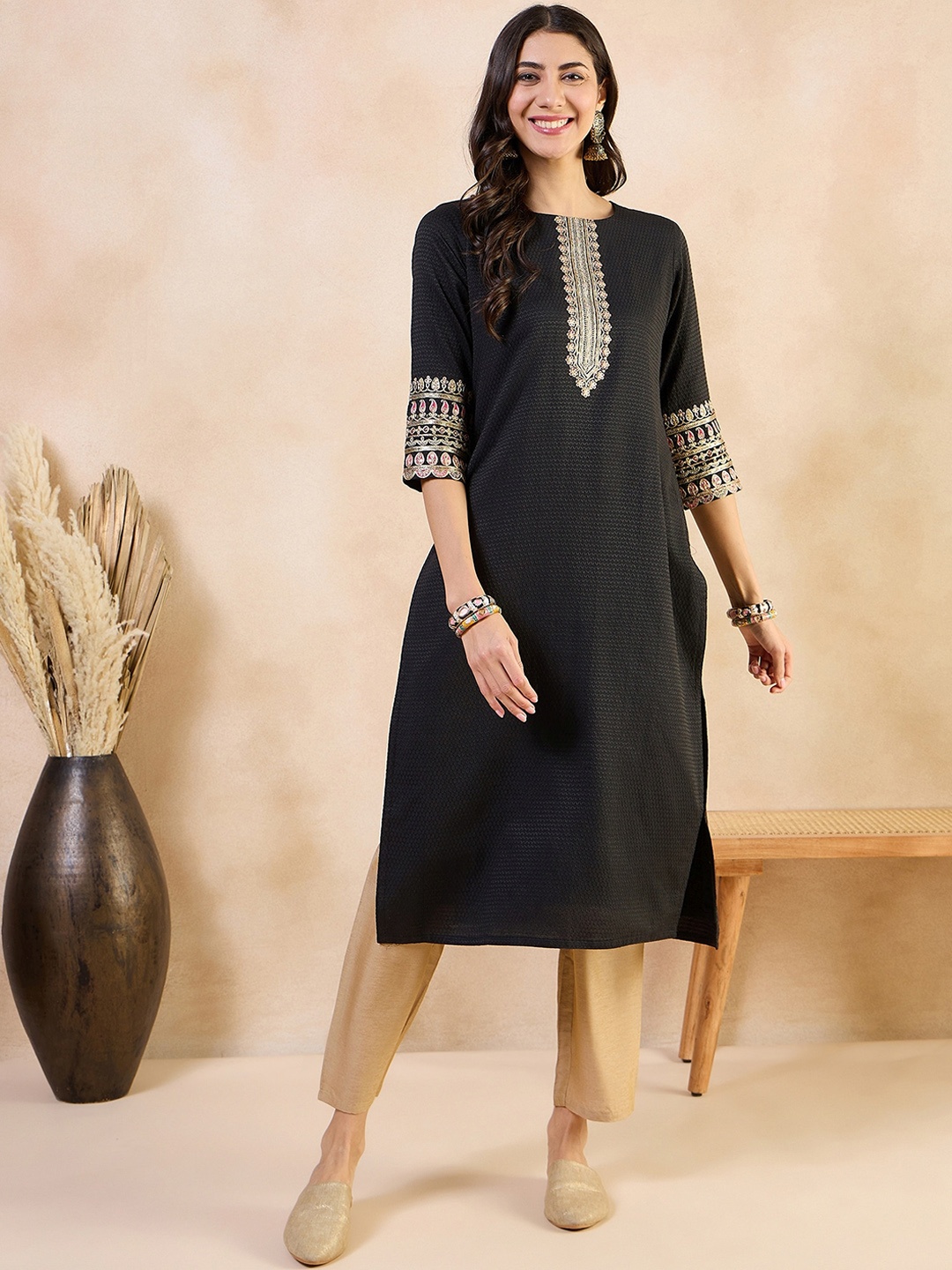 

Anouk Abstract Printed Thread Work Cotton A-Line Kurta, Black