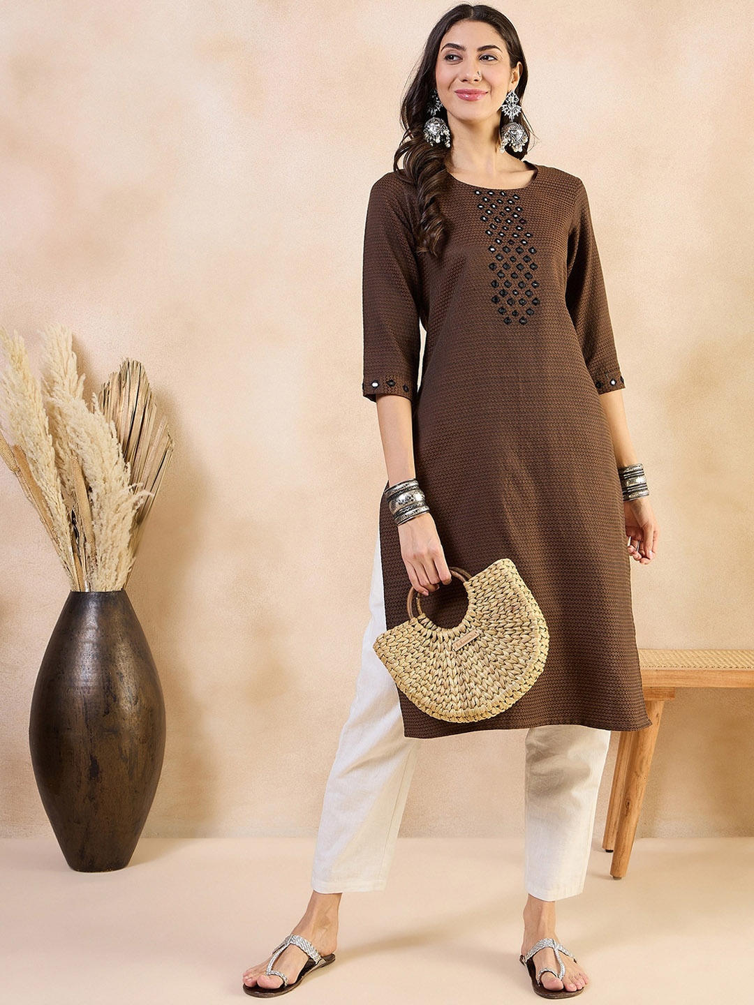 

Anouk Geometric Printed Cotton Thread Work A-Line Kurta, Brown
