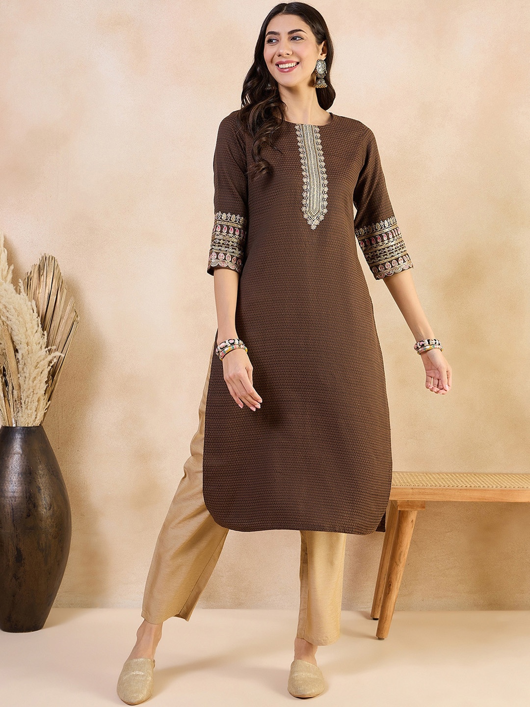 

Anouk Floral Yoke Design Thread Work Cotton Straight Kurta, Brown