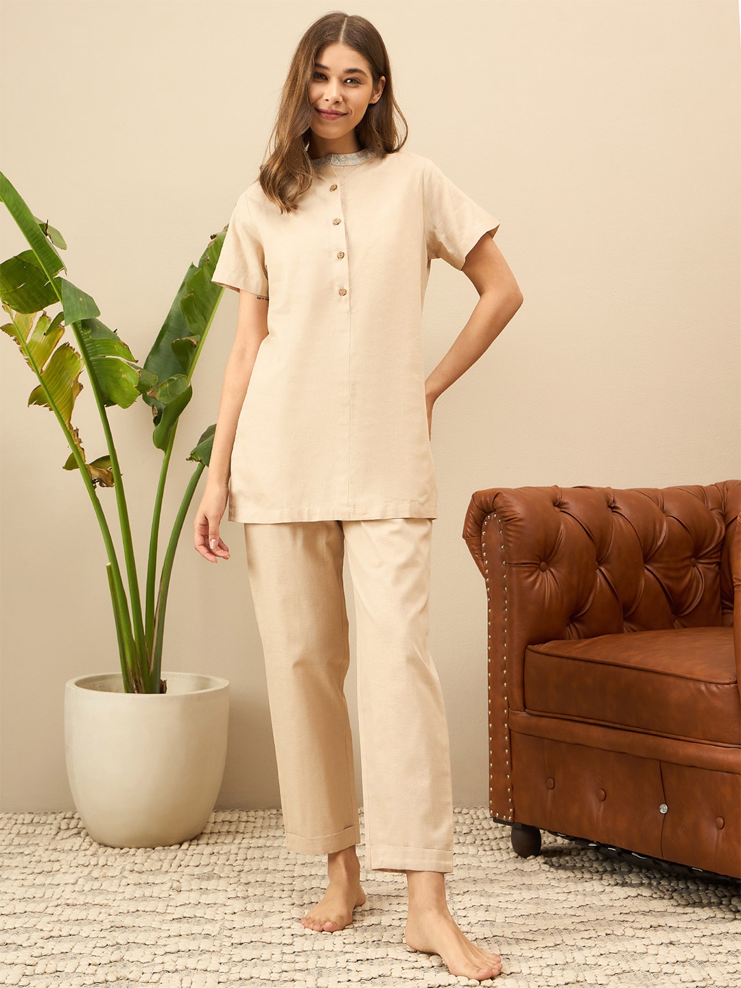 

July Pure Cotton Top With Trousers, Beige