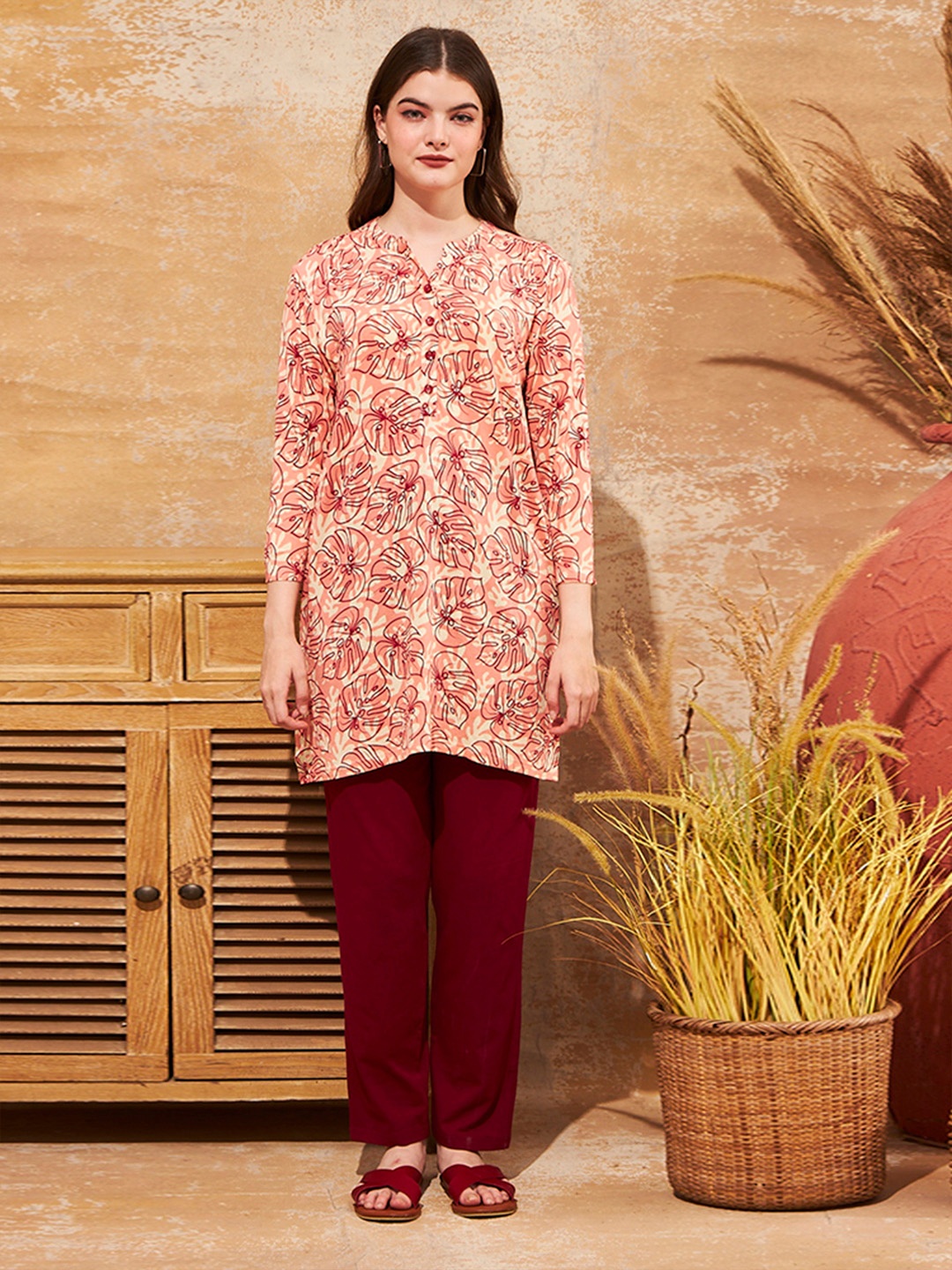 

July Printed Mandarin Collar Tunic With Trousers, Maroon