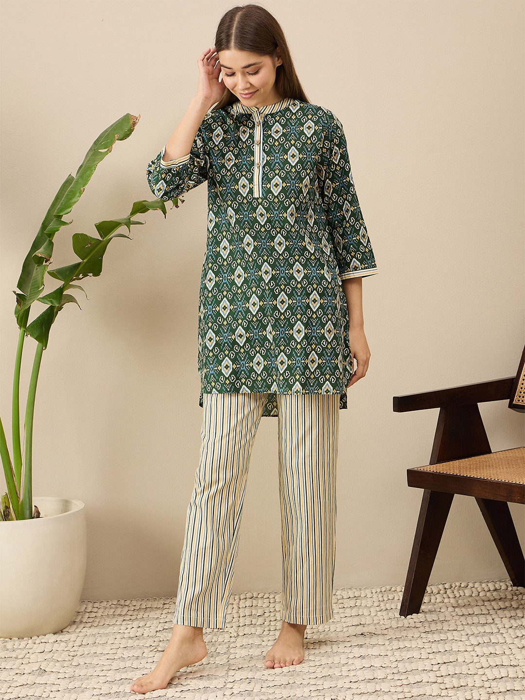 

July Ethnic Motifs Printed Pure Cotton Night suit, Green