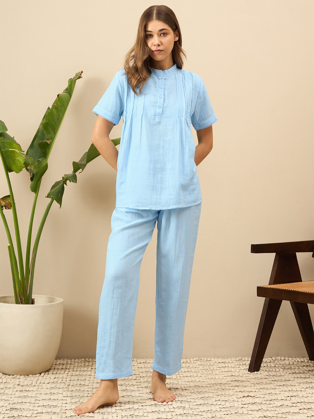 

July Mandarin Collar Pure Cotton Casual Shirt With Flared Palazzos, Blue