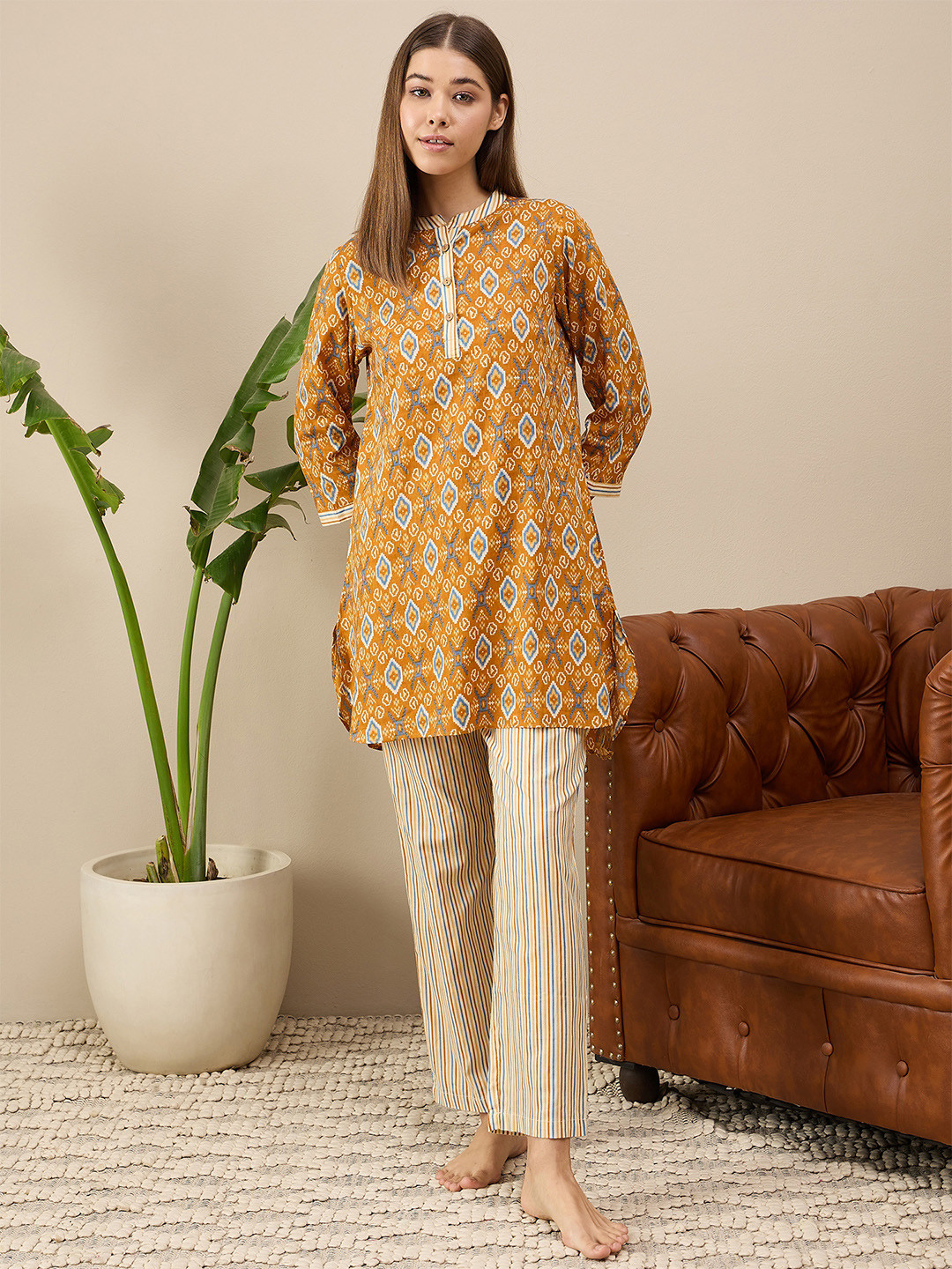 

July Ethnic Motifs Printed Pure Cotton Kurta Set, Mustard
