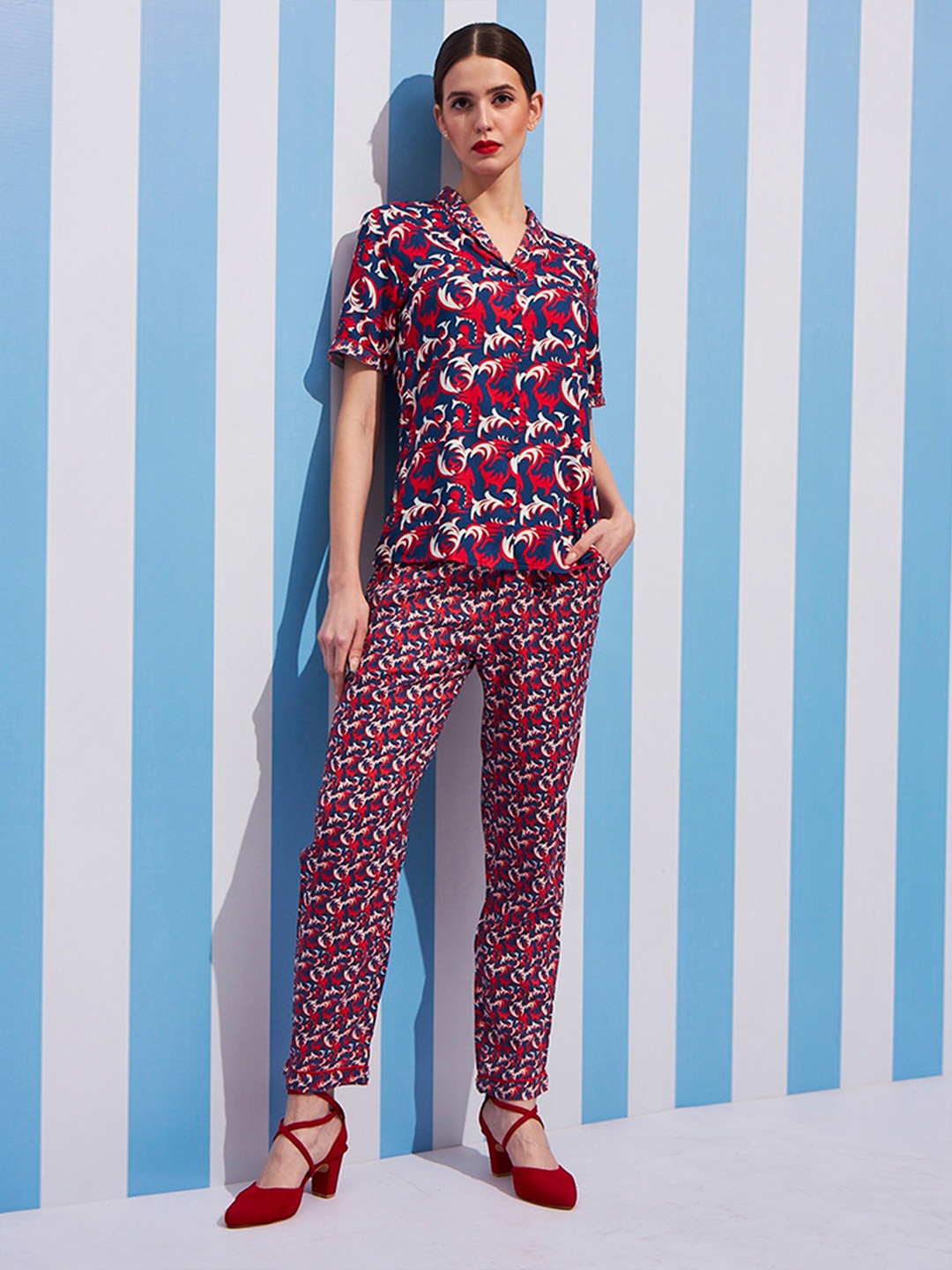 

July Ethnic Motifs Printed Shirt With Trouser, Red