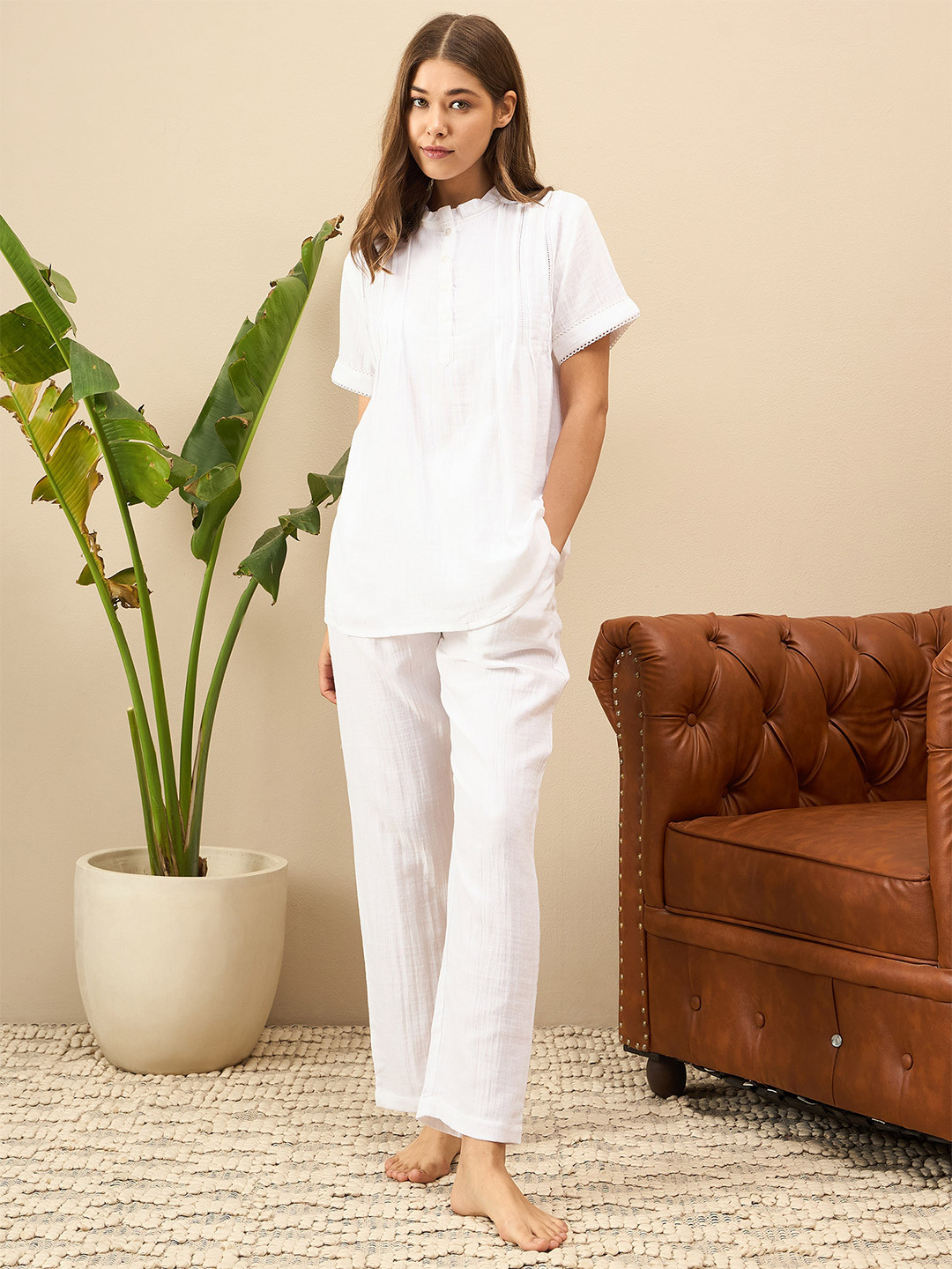 

July Pure Cotton Top With Pyjamas, White