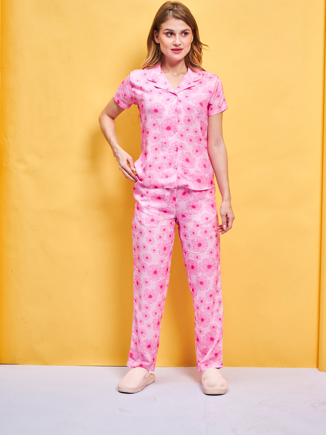 

July Floral Printed Lapel Collar Night suit, Pink