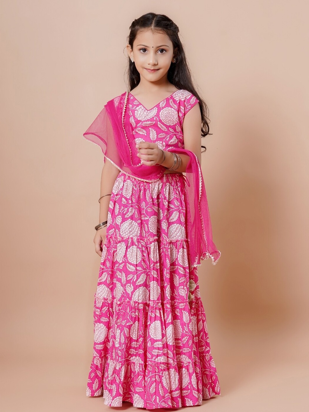 

Cutiediva Girls Printed Gotta Patti Cotton Ready to Wear Lehenga & Blouse With Dupatta, Pink