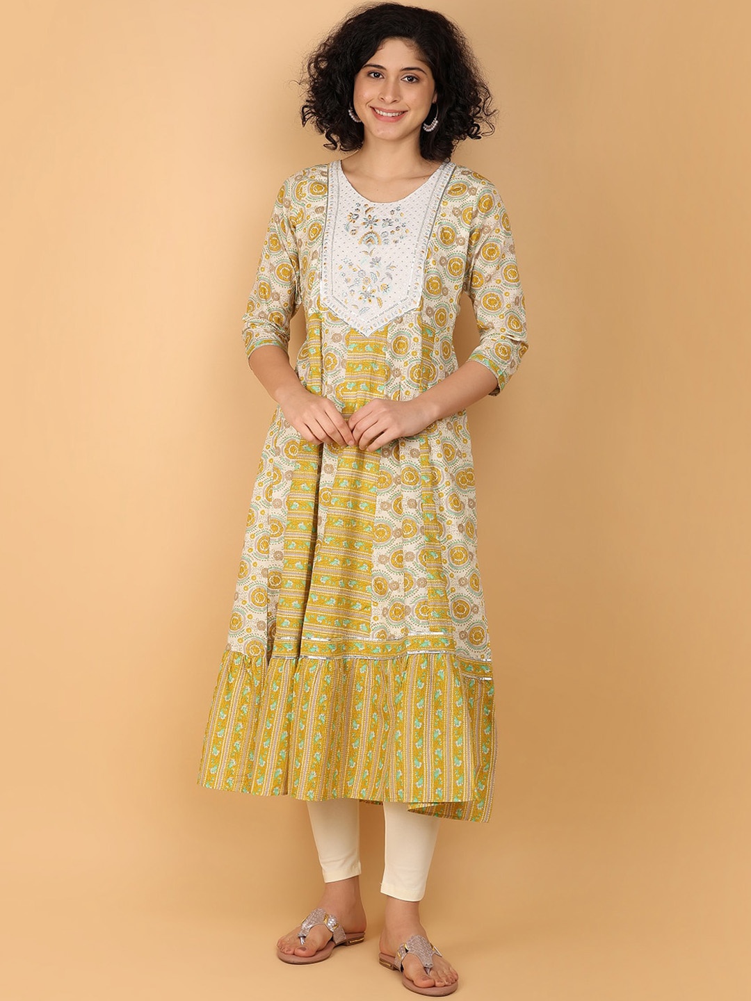 

V-Mart Floral Printed Sequinned Round Neck A-Line Kurta, Yellow