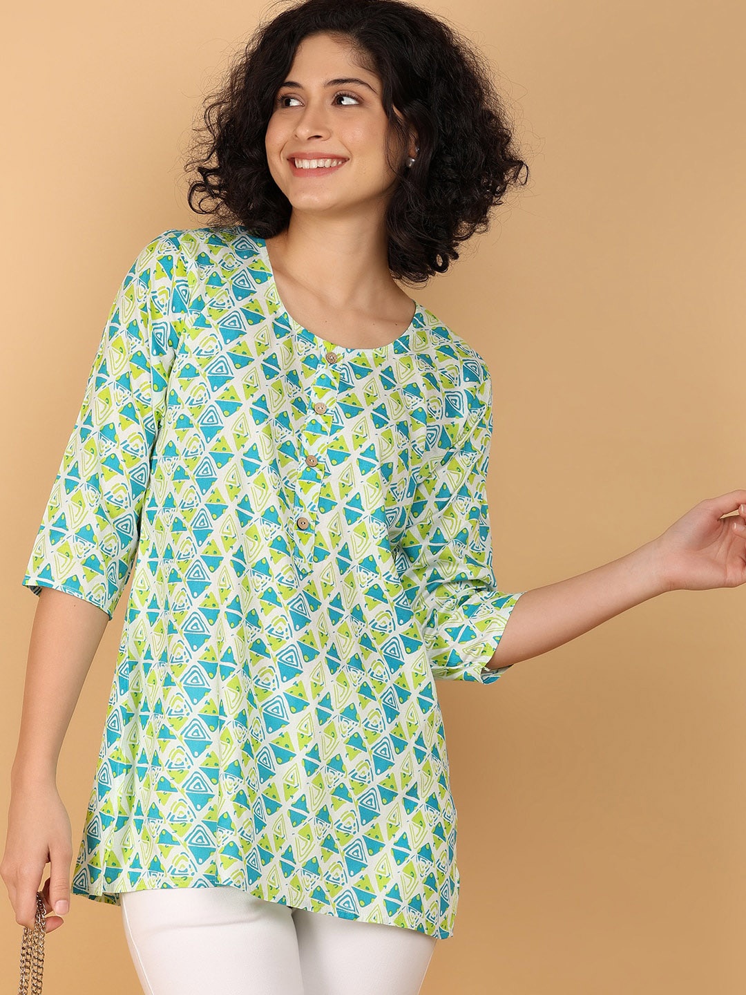 

V-Mart Ethnic Printed Rayon Round Neck Kurti, Green
