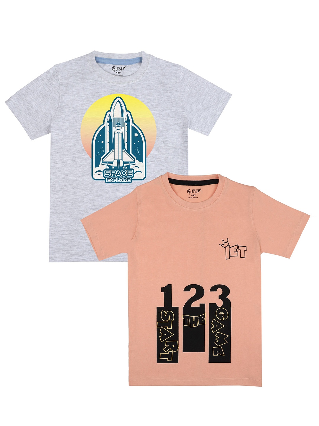 

BAESD Boys Pack Of 2 Graphic Printed Round Neck Short Sleeves Cotton T-shirt, Peach