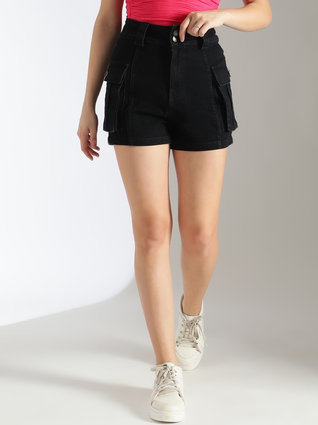 

Stylecast X Kotty Women Skinny Fit High-Rise Denim Shorts, Black