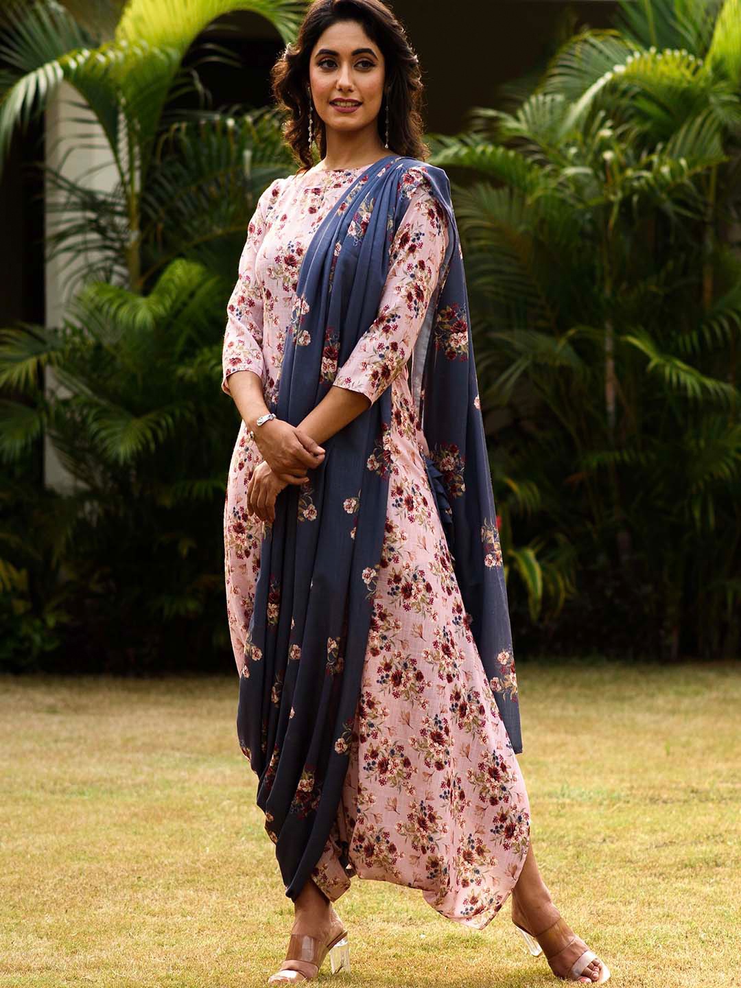

Pasha Floral Printed Basic Jumpsuit With Dupatta, Pink