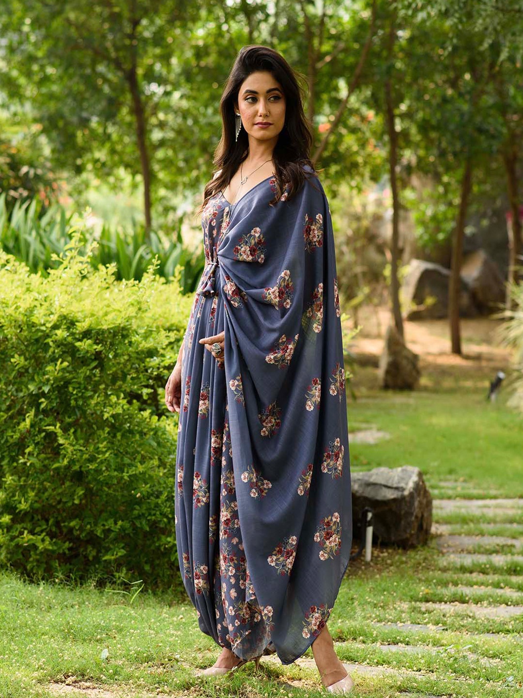 

Pasha Floral Printed Basic Jumpsuit With Dupatta, Blue