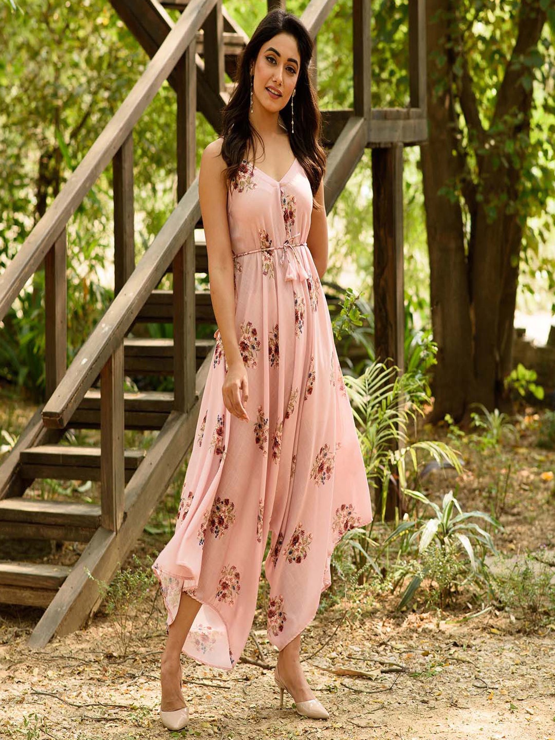 

Pasha Printed Waist Tie-Ups Culotte Jumpsuit With Detachable Dupatta, Pink