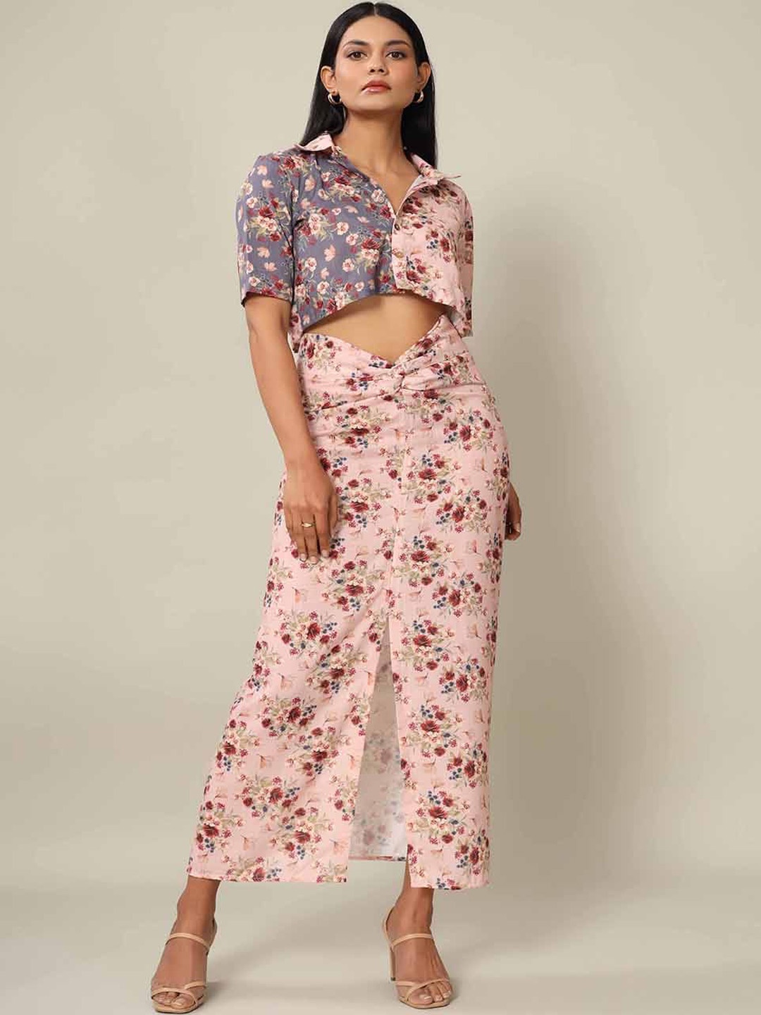 

Pasha Floral Printed Shirt & Skirt, Pink
