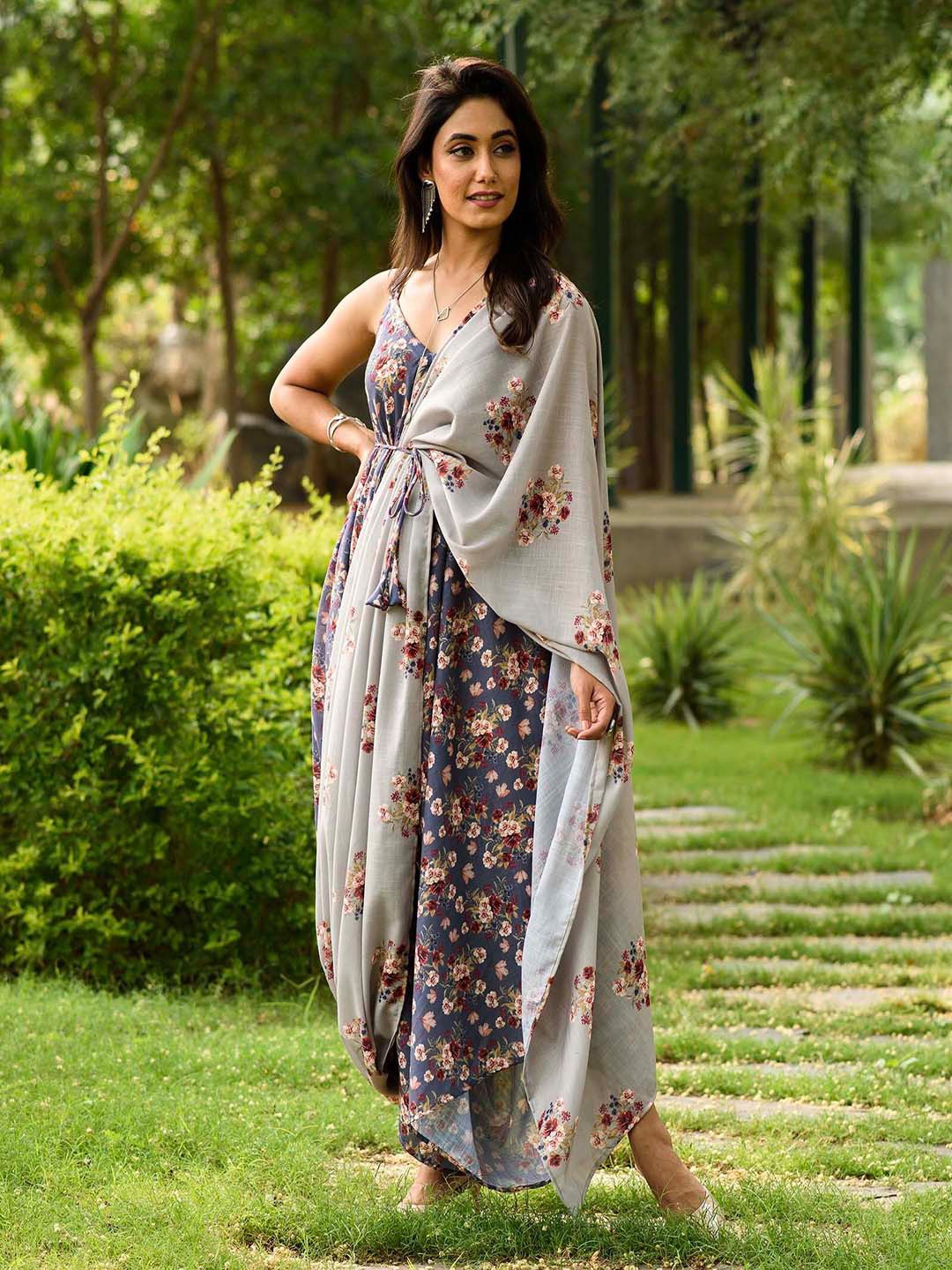 

Pasha Printed Waist Tie-Ups Culotte Jumpsuit With Detachable Dupatta, Blue