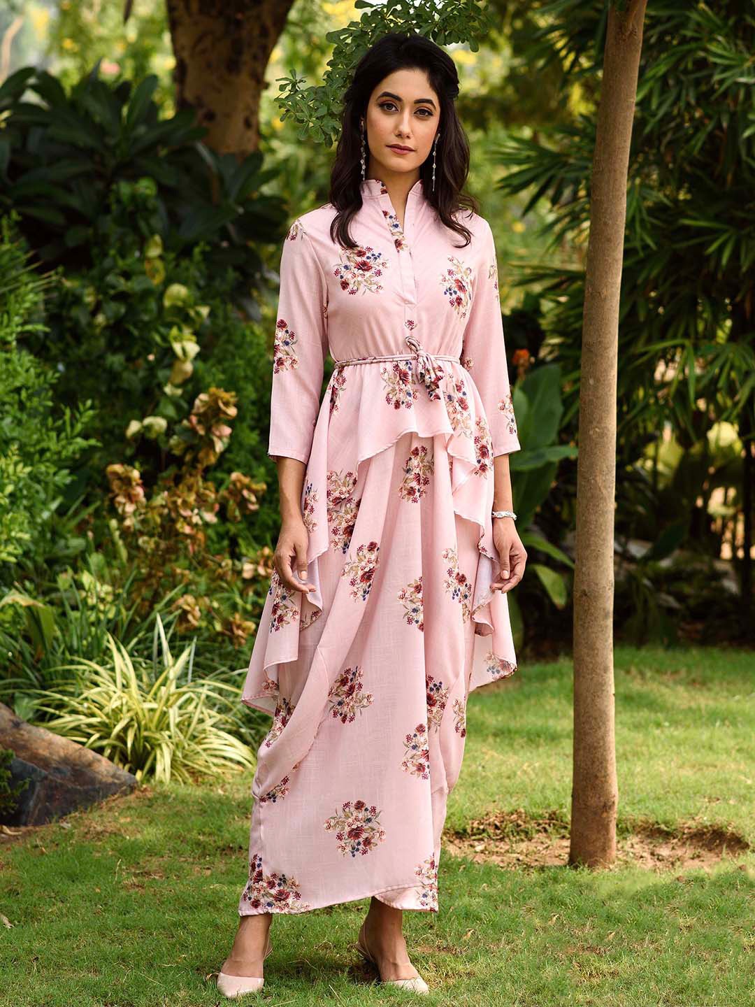 

Pasha Floral Print Maxi Dhoti Kurti Dress, Pink