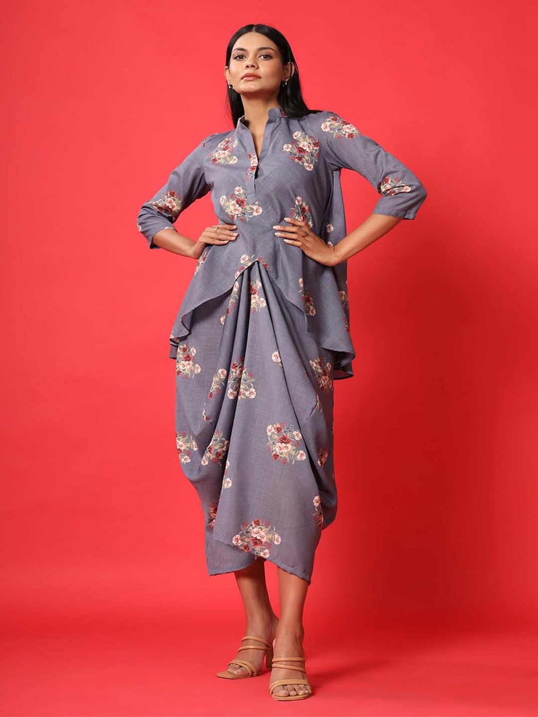 

Pasha Floral Print Shirt Midi Dhoti Kurti Dress, Blue