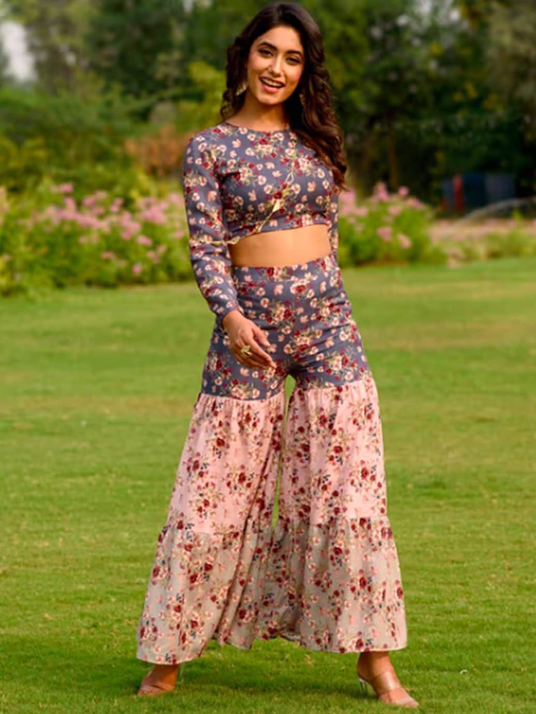 

Pasha Floral Printed Top & Sharara, Grey